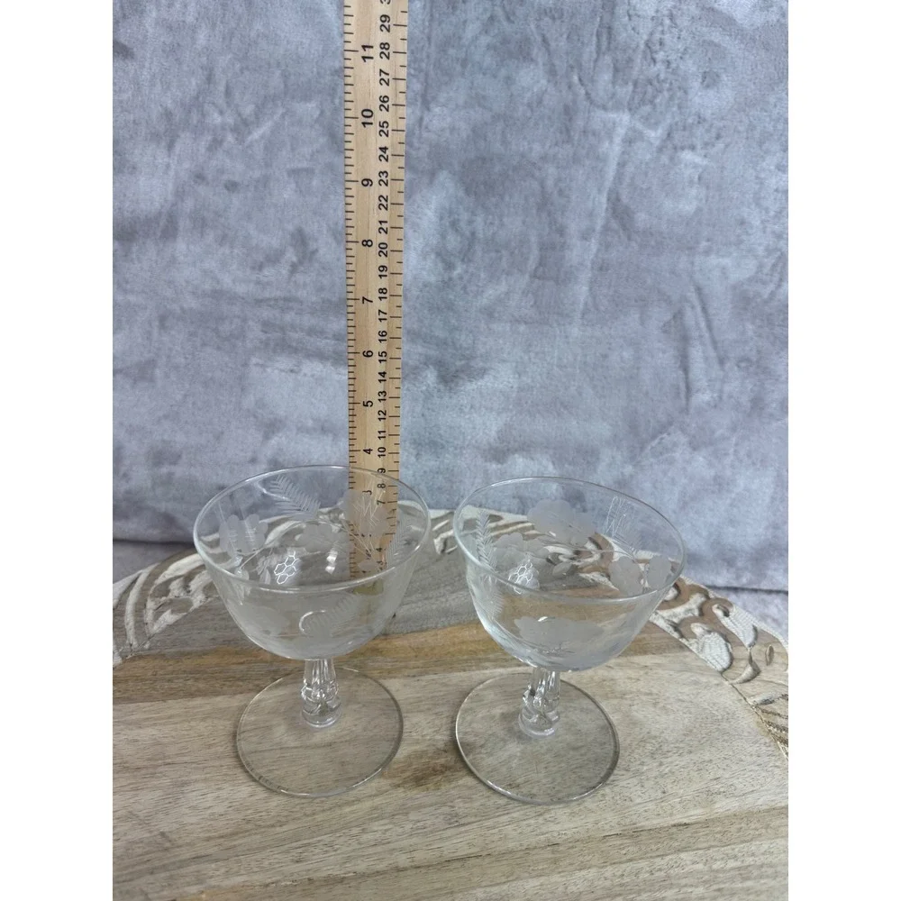 Vintage Etched Floral‎ Crystal Cordial Aperitif Glasses Set of 2 Clear Stemware